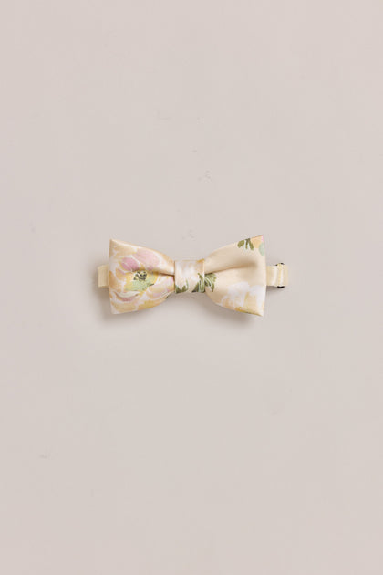 Kids Satin Floral Print Bowtie | Made To Order | Pale Yellow Blossom