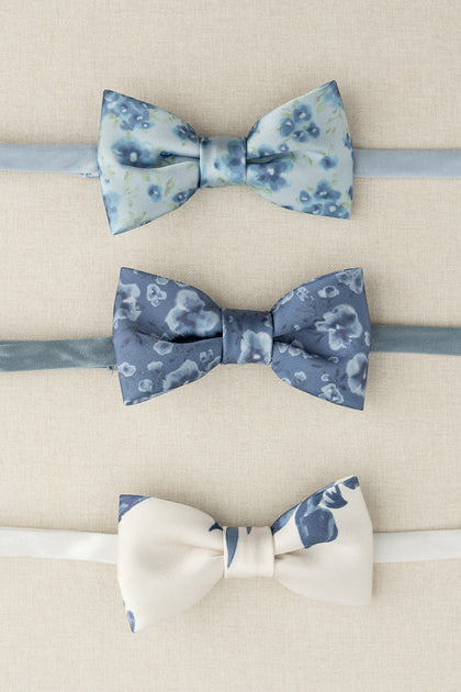 Kids Satin Floral Print Bowtie | Made To Order | Sky Blue Posey
