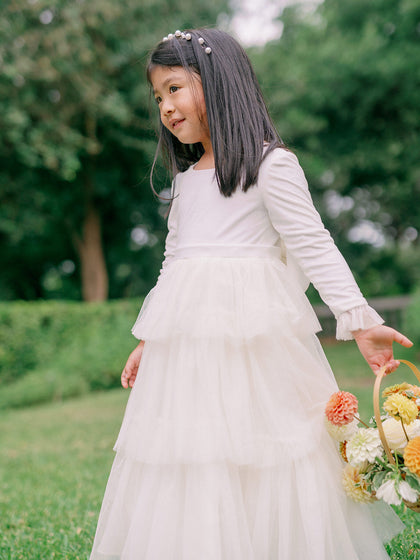 Model: Avery; Size: 3T; Color: White Pearl Velvet + White Pearl Tulle