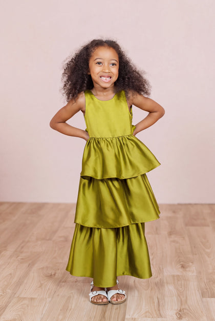 Kids Georgia Satin Dress | Made To Order | Chartreuse