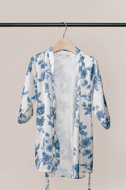 Kids Getting Ready Satin Floral Print Robe | Made To Order - Dusty Blue Bouquet