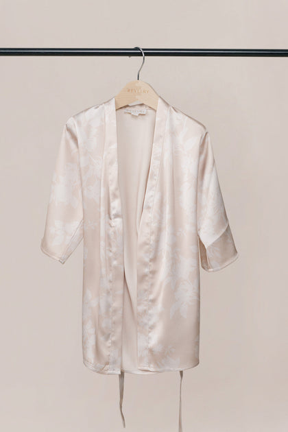 Kids Getting Ready Satin Floral Print Robe | Made To Order - Gold Champagne Bouquet