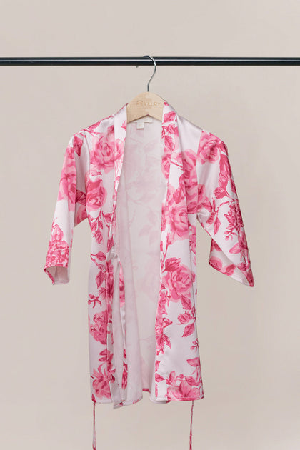 Kids Getting Ready Satin Floral Print Robe | Made To Order - Hot Pink Garden