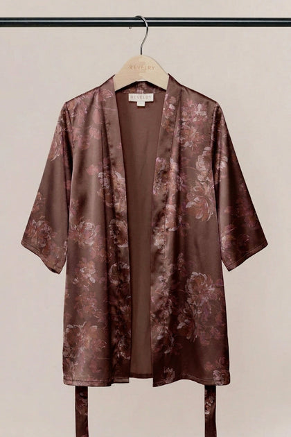 Kids Getting Ready Satin Floral Print Robe | Made To Order - Mahogany Blooms