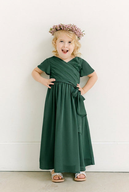 Kids Harper Chiffon Faux Wrap Dress | Made To Order | Classic Emerald