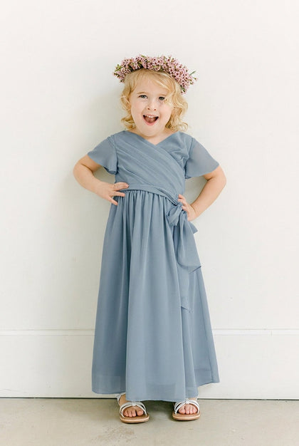 Kids Harper Chiffon Faux Wrap Dress | Made To Order | Dusty Blue
