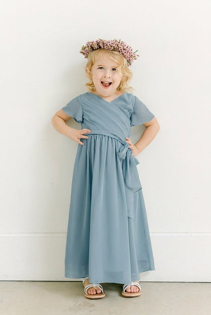 Kids Harper Chiffon Faux Wrap Dress | Made To Order | French Blue