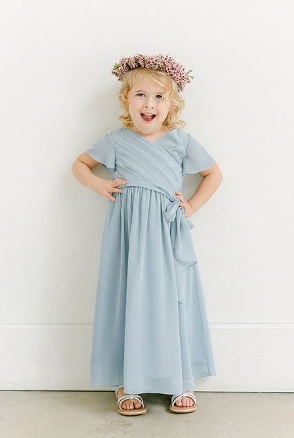 Kids Harper Chiffon Faux Wrap Dress | Made To Order | Light Blue