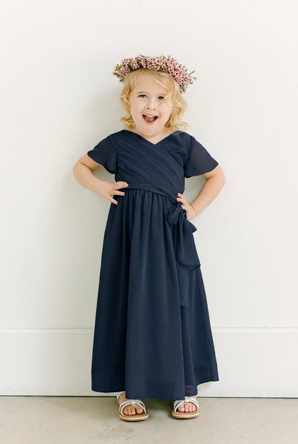 Kids Harper Chiffon Faux Wrap Dress | Made To Order | Navy Blue