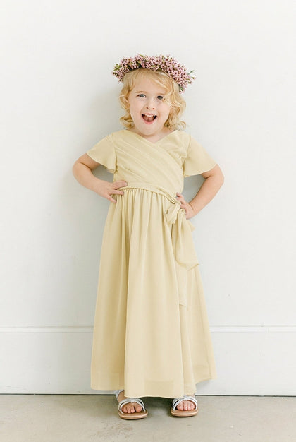 Kids Harper Chiffon Faux Wrap Dress | Made To Order | Pale Yellow