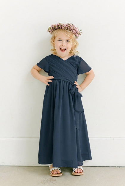 Kids Harper Chiffon Faux Wrap Dress | Made To Order | Romantic Blue