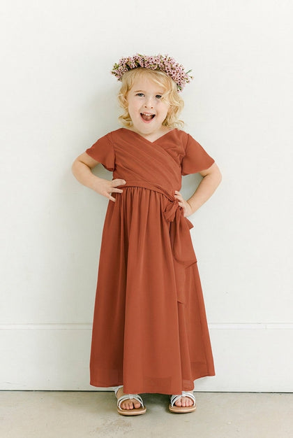 Kids Harper Chiffon Faux Wrap Dress | Made To Order | Rust Orange