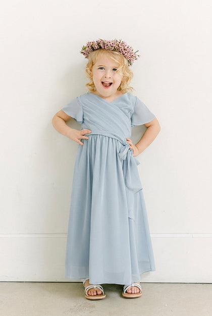 Kids Harper Chiffon Faux Wrap Dress | Made To Order | Sky Blue