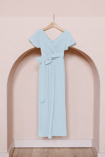 Juniors Harper Chiffon Faux Wrap Dress | Made To Order | Sky Blue