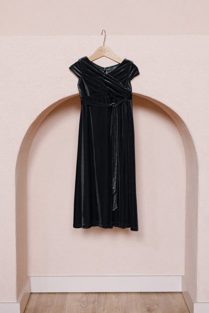 Kids Harper Faux-Wrap Velvet Dress | Made To Order | Navy Blue