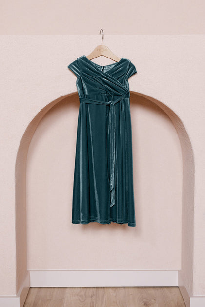 Kids Harper Faux-Wrap Velvet Dress | Made To Order | Desert Blue