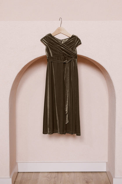 Kids Harper Faux-Wrap Velvet Dress | Made To Order | Olive