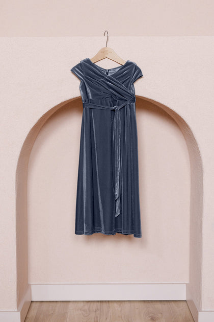Kids Harper Faux-Wrap Velvet Dress | Made To Order | Indie Blue