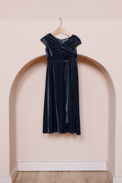 Kids Harper Faux-Wrap Velvet Dress | Made To Order | Navy Blue