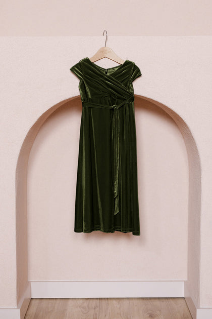 Kids Harper Faux-Wrap Velvet Dress | Made To Order | Olive