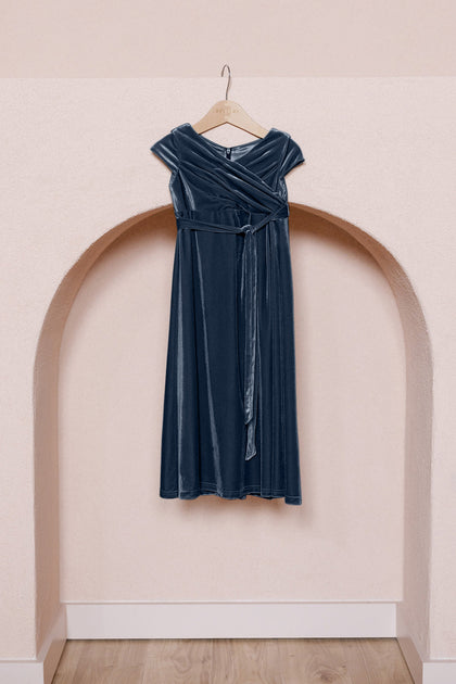 Kids Harper Faux-Wrap Velvet Dress | Made To Order | Royal Blue