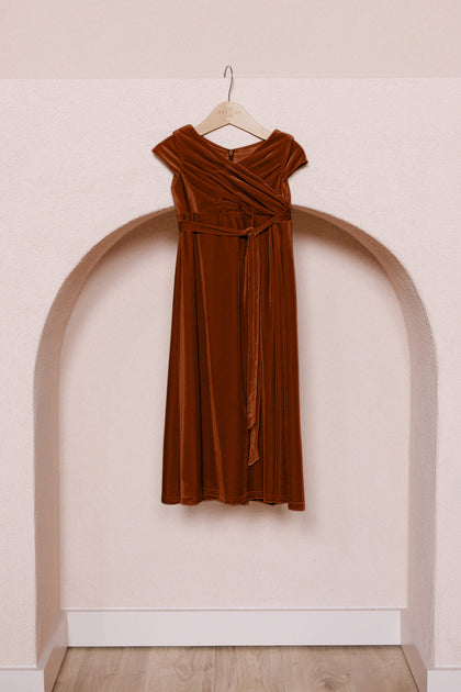 Kids Harper Faux-Wrap Velvet Dress | Made To Order | Terracotta