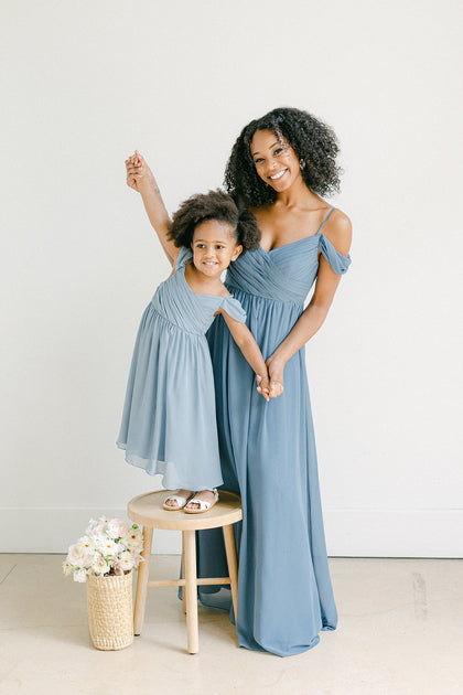 Model on Left: Neveah; Size: 3T; Color: French Blue | Model on Right: Leneisha; Size: 4; Color: Dusty Blue