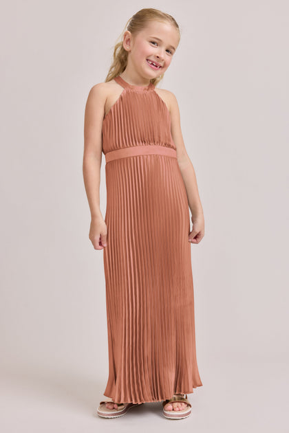 Kids Mazie Satin Pleated Dress | Made To Order | Copper