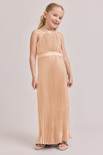 Kids Mazie Satin Pleated Dress | Made To Order | Peach