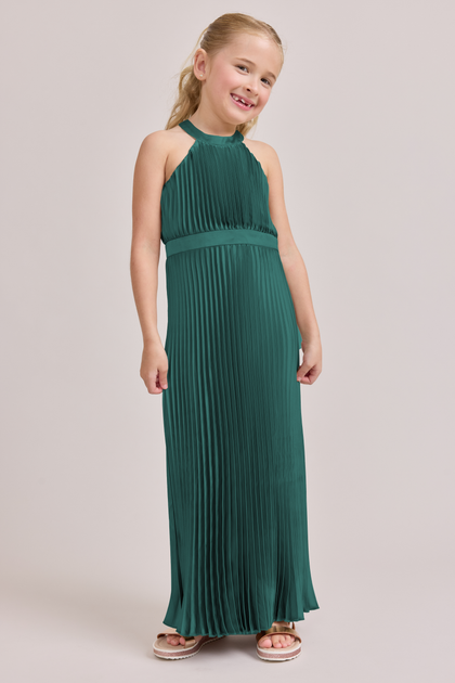 Kids Mazie Satin Pleated Dress | Made To Order | Classic Emerald