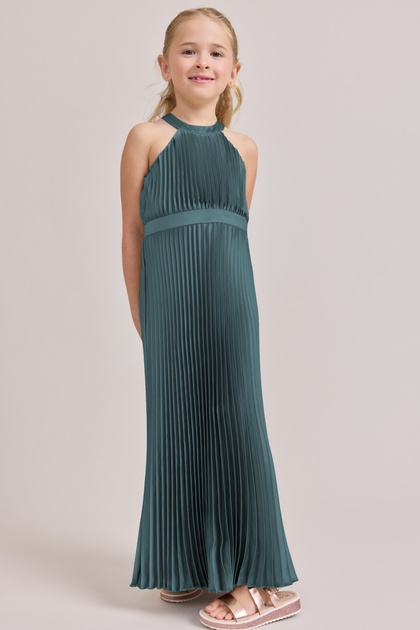 Kids Mazie Satin Pleated Dress | Made To Order | Eucalyptus