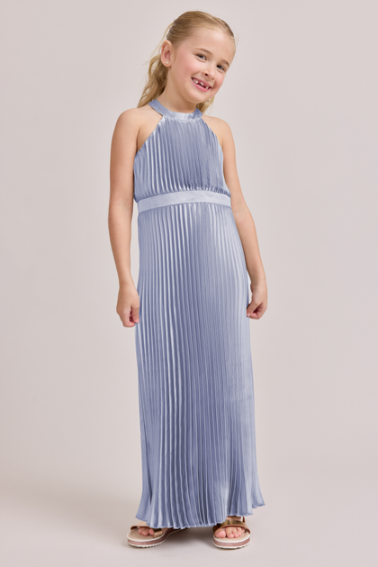 Kids Mazie Satin Pleated Dress | Made To Order | Periwinkle