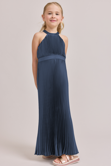 Kids Mazie Satin Pleated Dress | Made To Order | Romantic Blue