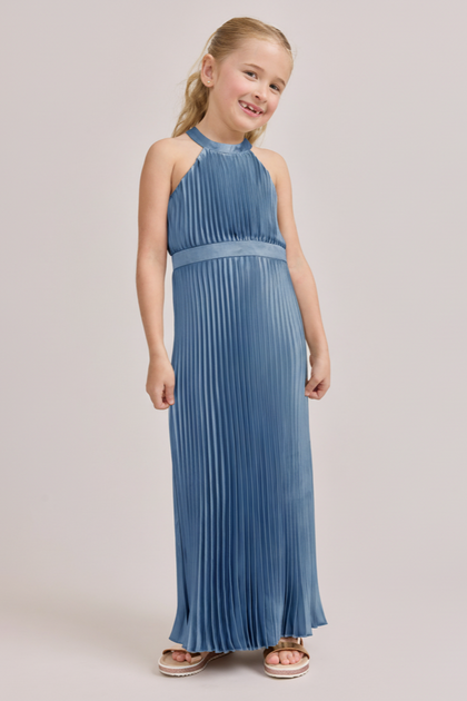 Kids Mazie Satin Pleated Dress | Made To Order | True Blue