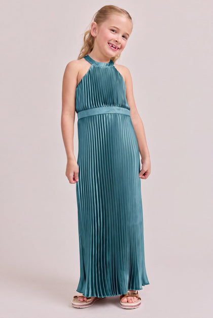 Kids Mazie Satin Pleated Dress | Made To Order | Turquoise