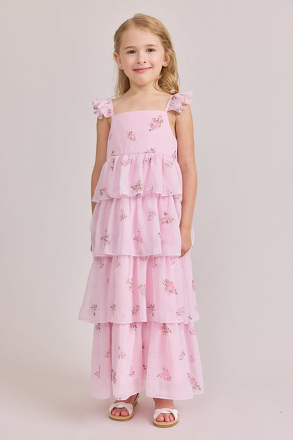 Kids Poppy Chiffon Floral Print Dress | Made To Order | Baby Pink Petit Rose