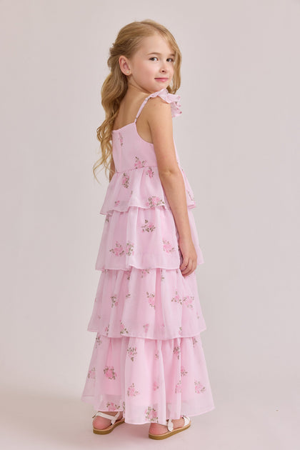 Kids Poppy Chiffon Floral Print Dress | Made To Order | Baby Pink Petit Rose