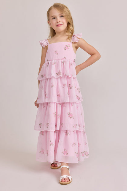 Kids Poppy Chiffon Floral Print Dress | Made To Order | Baby Pink Petit Rose