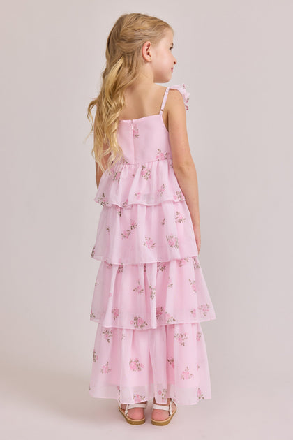 Kids Poppy Chiffon Floral Print Dress | Made To Order | Baby Pink Petit Rose