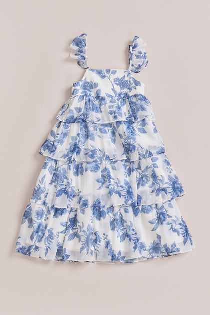 Kids Poppy Chiffon Floral Print Dress | Made To Order | Dusty Blue Bouquet