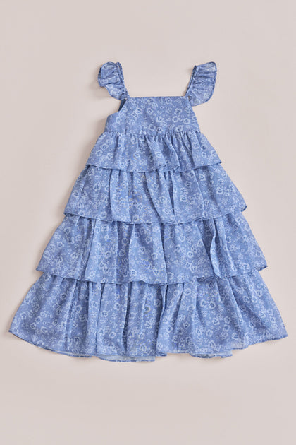 Kids Poppy Chiffon Floral Print Dress | Made To Order | Dusty Blue Posey