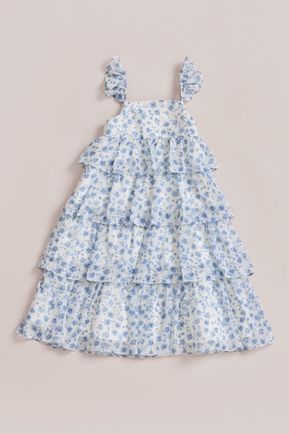 Kids Poppy Chiffon Floral Print Dress | Made To Order | French Blue Posey