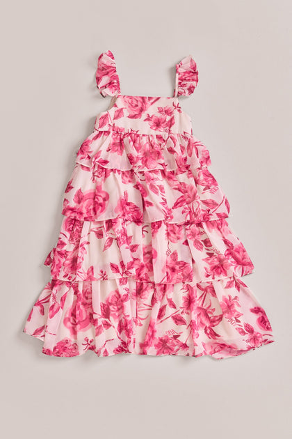 Kids Poppy Chiffon Floral Print Dress | Made To Order | Hot Pink Garden