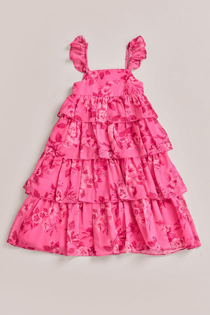 Kids Poppy Chiffon Floral Print Dress | Made To Order | Malibu Pink Bouquet