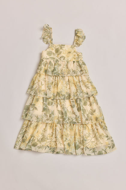 Kids Poppy Chiffon Floral Print Dress | Made To Order | Pale Yellow Meadow Blooms