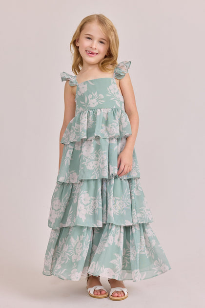 Kids Poppy Chiffon Floral Print Dress | Made To Order | Sage and Champagne Bouquet