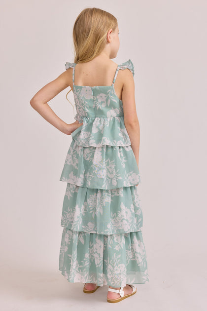 Kids Poppy Chiffon Floral Print Dress | Made To Order | Sage and Champagne Bouquet