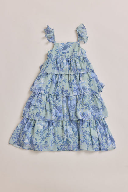 Kids Poppy Chiffon Floral Print Dress | Made To Order | Sage and Sky Blue Meadow Blooms