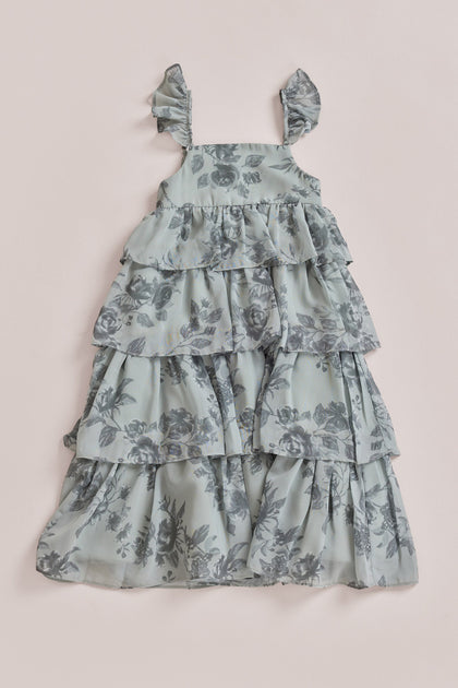 Kids Poppy Chiffon Floral Print Dress | Made To Order | Sage Bouquet