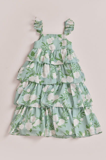 Kids Poppy Chiffon Floral Print Dress | Made To Order | Sage Multi Bouquet